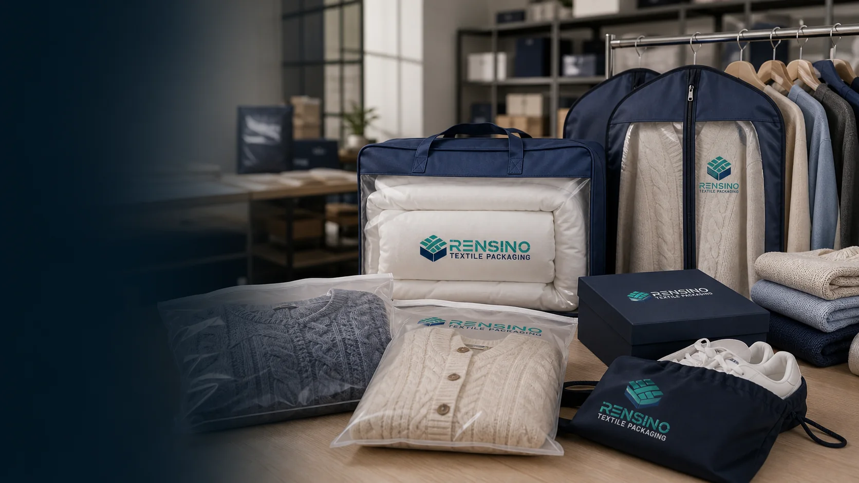 Rensino custom textile packaging in an apparel retail setting