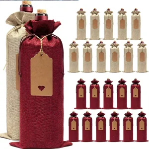 Custom Christmas Wine Packaging Tote Glass Carrier Bag Canvas Jute Drawstring Bag for Shopping