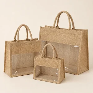 Custom Eco Friendly Jute Tote Bag with Clear PVC Window and Custom Logo for Gift Packaging and Retail Display