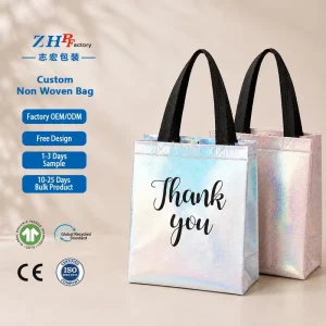 Custom Eco Promotional Thank You Gift Tote Bag Premium Glossy PP Laminated Holographic Non Woven Shopping Bag With Printed Logo