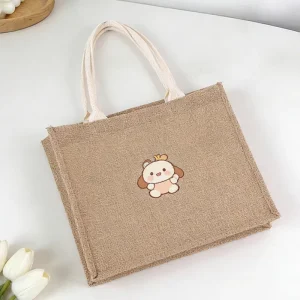 Custom Eco friendly Recyclable Jute Tote Bag Cartoon Character Print Durable Reusable Shopping Handbag Featuring Hand Shoulder