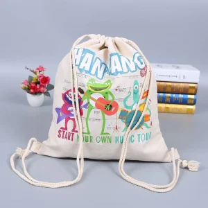 Custom Full Color Cartoon Printing Logo Natural Cotton Canvas Promotional Gift Kids School String Cute Backpack Drawstring Bag