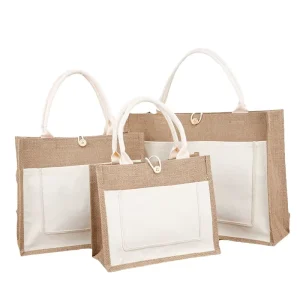 Custom Jute Burlap Tote Bag With Front Pocket Blue Canvas Patchwork Shopping Bag Eco Friendly Reusable Bag With Button Closure