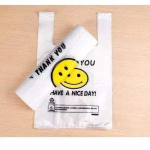 Custom LOGO PE Smile Shopping T shirt Bag Handle Carry Supermarket Grocery Vest Plastic Thank You Bag With LOGO