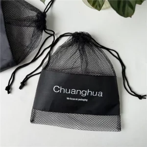Custom Logo 210D Nylon Drawstring Bag Black Mesh Textile Packaging with Logo Printing