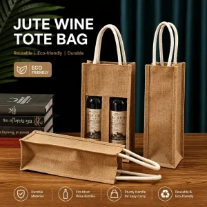 Custom Logo Jute Linen Wine Bag Gift Bag for 1 Bottle or 2 Bottles Red Wine Carrier Pouch with Handles for White Wine Champagne