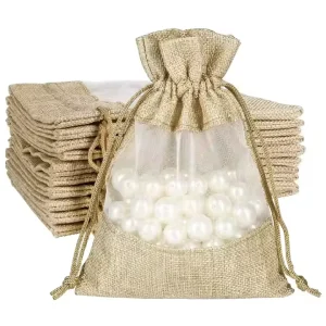 Custom Logo Linen Eco Drawstring Bag Fancy Jewelry Jute Bag Clear Window Drawstring Bag Cosmetic Fancy Jewelry