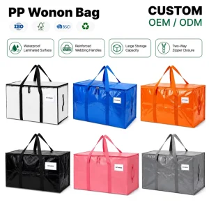 Custom Logo PP Woven Tote Bag Large Capacity Laminated Waterproof Handle Letter Print Reusable Durable Shipping Bag
