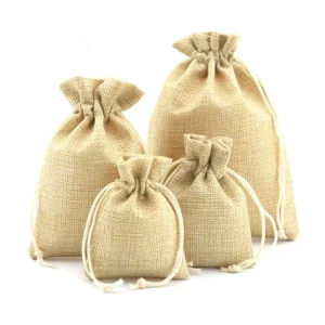 Custom Logo Printed Beige Eco Friendly Jute Gifts Packaging Drawstring Bag with Rope