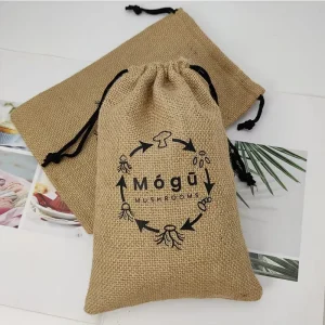 Custom Logo Printed Jute Burlap Mushroom Packaging Bag Jute Drawstring Bag For Food Storage