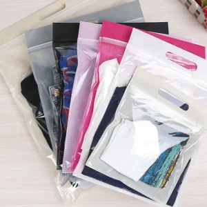 Custom Logo Printed Non Woven Composite Poly PE Transparent Window Die Cut Handle Zipper Bags for Clothing Packaging