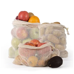 Custom Logo Printed Reusable Pure Cotton Mesh Bags Vegetable Fruit Drawstring Bag Home Storage Mesh Bag