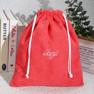 Custom Logo Printed Terry Clothes Makeup Bag Hair Bundle Wig Shoe Bath Towel Storage Terry Drawstring Cotton Dust Bag