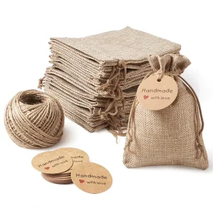Custom Logo Reusable Eco Friendly Nature Color Jute Drawstring Bag With Card For Gift Jewelry Storage