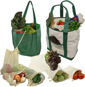 Custom Logo Reusable Grocery Bag Set Cotton Canvas Shopping Tote with Mesh Produce Bags Eco Friendly Foldable