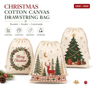 Custom Logo Sublimation Cotton Pouch Bags Christmas Santa Pattern Dust Canvas Drawstring Bags