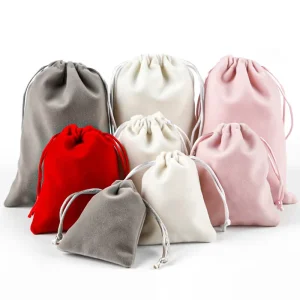 Custom OEM Customized Logo White Pink Red Grey Velvet Drawstring Pouch for Makeup Cosmetics Gift Jewelry Packaging