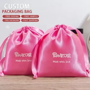Custom Pink Silk Satin Drawstring Pouch Bag with Screen Printed Logo Wig Extension Pouch Seal for Textile Packaging