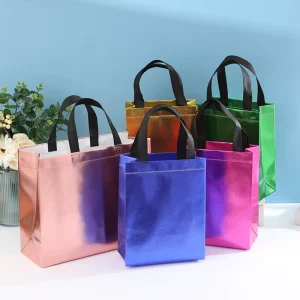Custom Print Logo Reusable Metallic Shiny Non woven Tote Bag Environmental Packaging Advertising Gift Shopping Bag