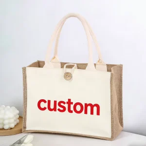 Custom Printed Blank Eco friendly Reusable Jute Tote Bag with Cotton Handles for Casual Commuting and Picnic Trips