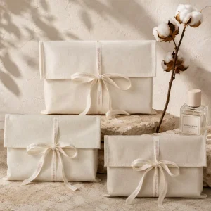 Custom Printed Cotton Natural Cotton Muslin Envelope Bag With Tie Eco Luxury Clothes Apparel Gift Packaging Muslin Pouch