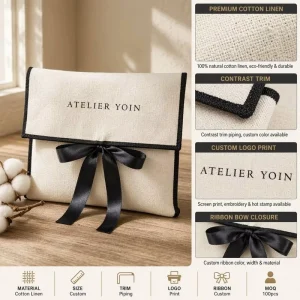 Custom Printed Logo Cotton Canvas Twill Envelope Bag With Bow Luxury Clothes Hair Packaging Envelope Dust Muslin Pouch