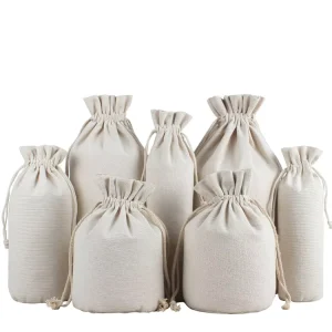 Custom Printed Logo Eco Friendly Gift Packaging Dust Cotton Pouch Organic Cotton Linen Drawstring Bag with Round Bottom