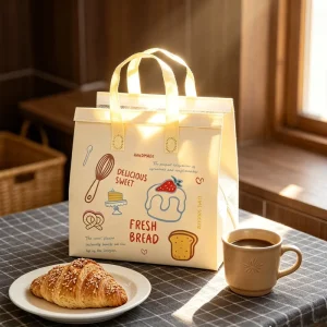 Custom Printed Non Woven Thermal Insulated Delivery Bag Cake Takeout Food Cooler Bag for Bakery Bread Pastry Catering Store