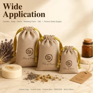 Custom Screen Printed Cotton Linen Small Drawstring Pouch Eco Luxury Candle Jewelry Gift Packaging Bag Muslin Bag