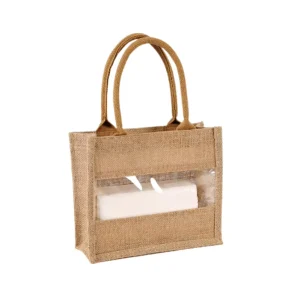 Custom Small Tote Natural Jute Bag with Transparent Window for Cosmetic Skincare Packaging and Shopping Use