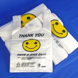 Customized Logo Supermarket White Thank You T Shirt Plastic Shopping Bags Plastic Shopping T Shirt Handle Bag