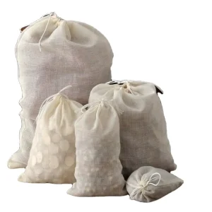 Customized Packing Recyclable Screen Printed Fabric Pouch Small Drawstring Bag Thin Cotton Muslin Organic Tea Bags Kit
