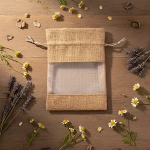 Customized Printed Jute Drawstring Cosmetic Bag with Organza Window for Packaging and Gifts