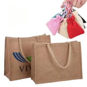 Customized logo Printed Jute Bag Reusable Grocery Gift Packaging Shopping Drawstring Tote Bag Jute Bag