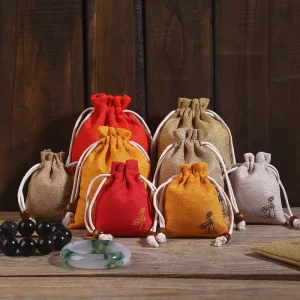 Eco Friendly Custom Storage Drawstring Bags Recyclable Linen Processed Textile Packaging Jewelry Lotuses Stamping Features MZ