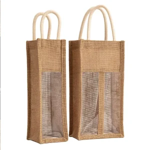 Eco Friendly Gift Purpose Burlap Heavy Duty Wine Carrier Bags Multiple Bottles Wine Jute Bag with PVC Window