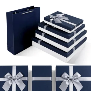 Eco Friendly Recyclable Deep Blue and White Ribbon Bow Gift Box with Lid and Base for Clothing Scarf Matt Lamination