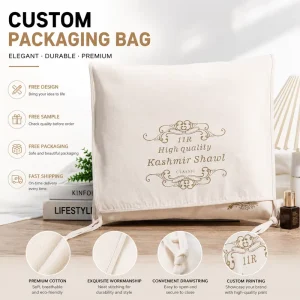 Eco friendly Custom Logo Natural Canvas Flap Pouch Large Clothing Textile Packaging Bag for Kashmir Shawl Gift Fabric Pouch