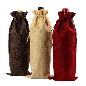 Elegant Red Wine Champagne Gift Packaging Bags 5.9×13.7 Inches Jute Burlap Linen Fabric Recyclable Wine Bag Package