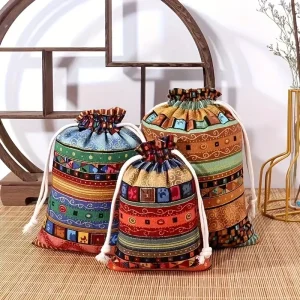 Ethnic Style Jewelry Dust Protect CandyStorage Gift Packaging Cotton Linen Drawstring Bags for Wedding Party Gift Dustproof