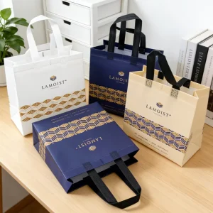Fashion Blue Bow Non woven Flat Handbag Large Medium Size Clothing Bag for Clothing Store Gift Supermarket Women Shopping