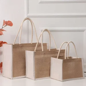Golden Eco-Friendly Reusable Coated Linen Burlap Gift Shopping Beach Jute Tote Bag With Logo Cotton Handle Custom Jute Bag