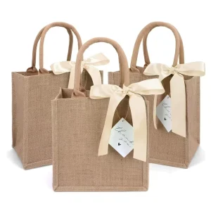 High Quality Customized Eco Friendly Wedding Gift Shopping Burlap Souvenir Bag Natural Jute Tote Bag With Ribbon Decoration