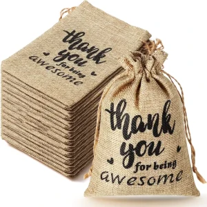 High Quality Jute Burlap Thank You Drawstring Bag With Custom Logo Print Gift Pouch