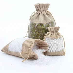 Jewelry Packing Pouches Jute Bags with a Single Window Drawstring Linen Storage Bags Gift Packaging Bags