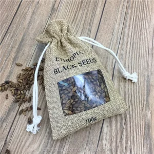 Jute Bags for Coffee Beans, Jute Bags with Clear PVC Window, Jute Drawstring Packaging Bags