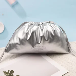 Large Capacity Metallic Silver PU Leather Handbag Shoes Clothing Storage Drawstring Pouch For Multipurpose Storage And Travel