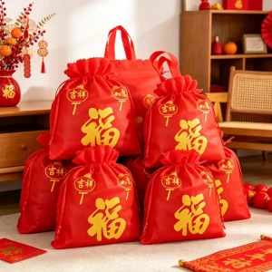 Lightweight Red Non Woven Pouches with Handle for Holiday Gift Shop Use Non Woven Drawstring Bag
