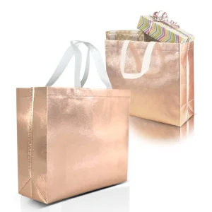 Luxury Metallic Rose Gold Laminated Non Woven Bag Custom Logo Holographic Laser Reusable Shopping Tote Bag for Boutique Gift