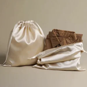 Luxury Silver Satin Drawstring Bag with Custom Logo Silk Screen Printing Jewelry Pouch for Textile Packaging